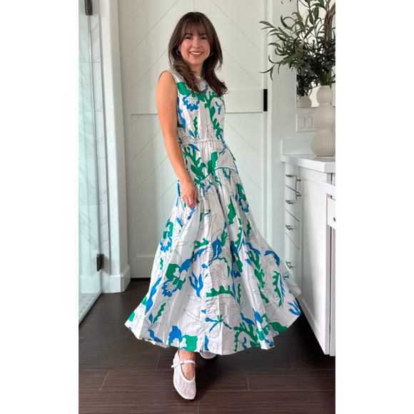 Oliphant Floral Midi Dress Sleeveless Piped Resort XS Blue Green Cotton NWT - Picture 3 of 7